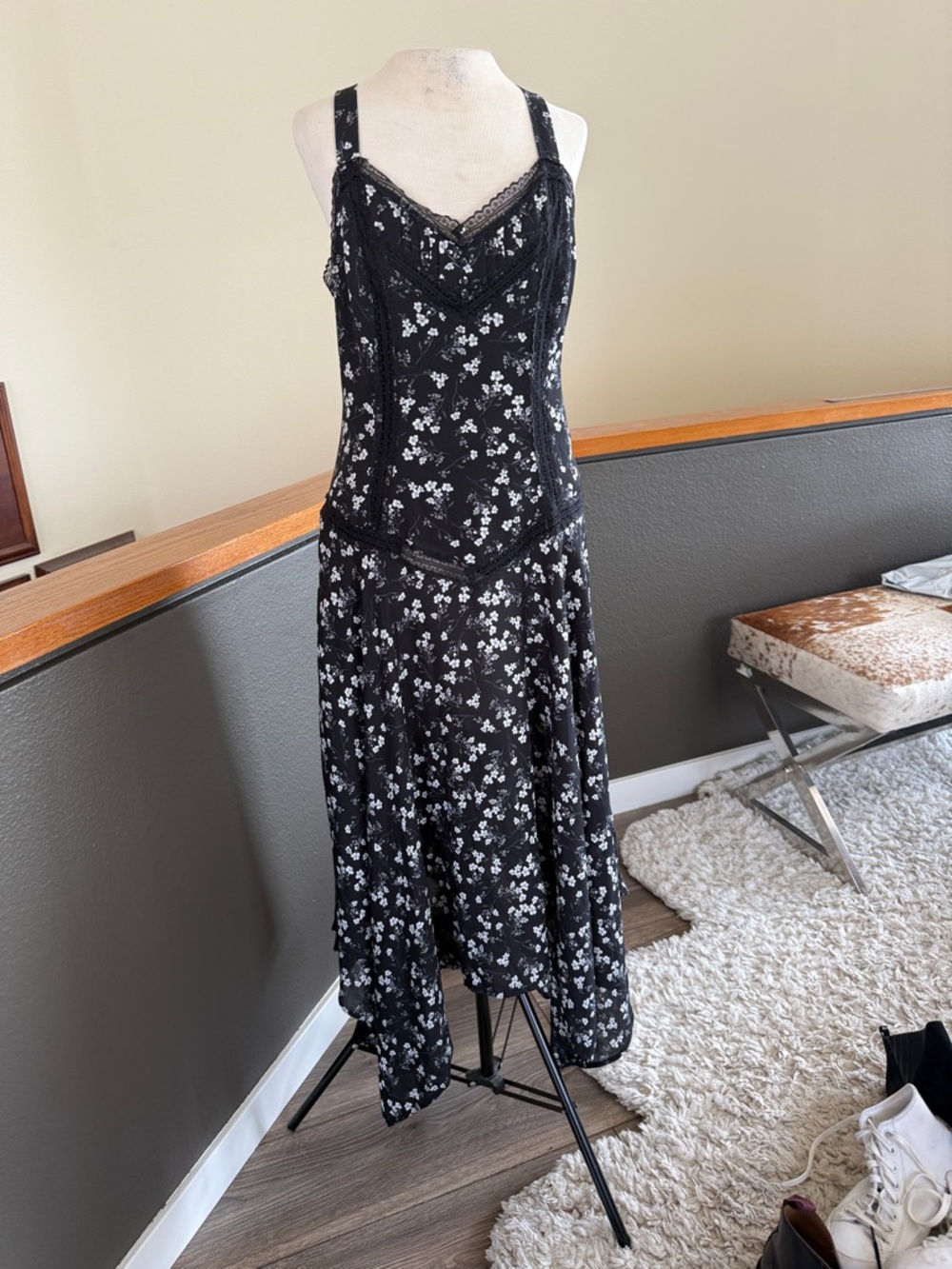 Miss Me Black Floral Lace-Trim Maxi Dress corset style asymmetrical hem medium